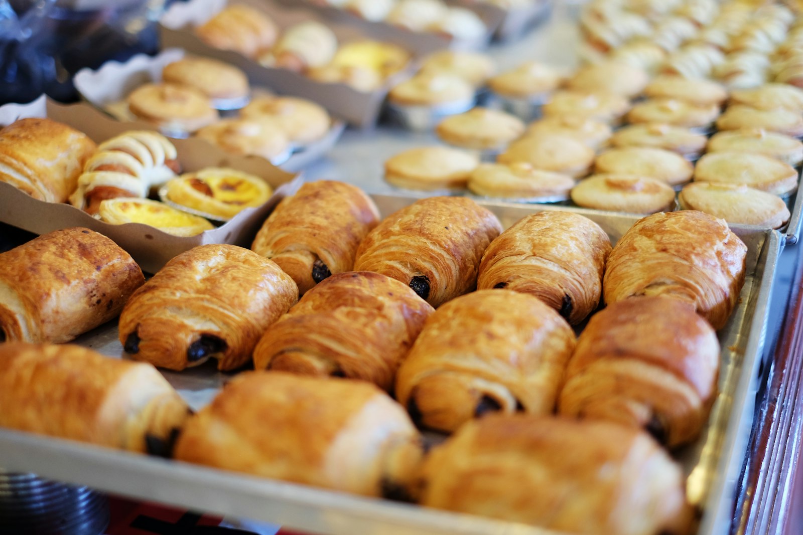 Close-up of baked pastries on a tray